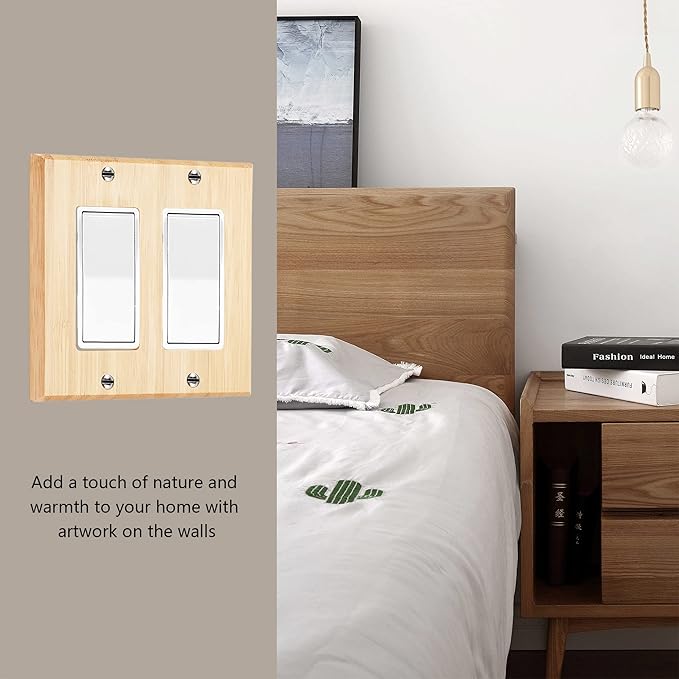 Raw Wood Light Switch Cover Decorative Double Rocker Wall Plate 4.5" x 4.5" Bamboo Quality Light Switch Plate Cover for Bedroom Kitchen Home Decor (Double Rocker Switch Plate)