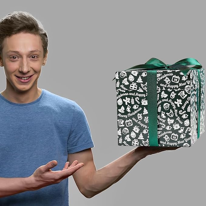 Jaywayang 5 Pack Green Christmas Gift Boxes with Lids, Ribbons and Tissue Papers Square Gift Boxes - 7.1 Inch - Presents Wrapping Christmas Gift Holiday New Year Party Favor Boxes.