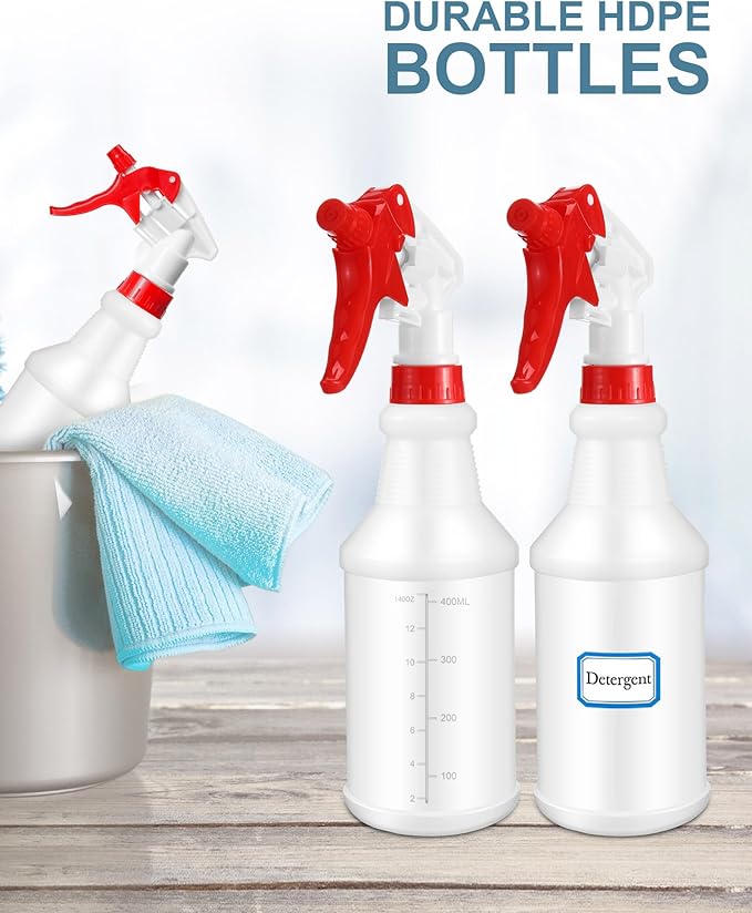 Eccliy 20 Pack 16oz Empty Spray Bottles, Leakproof Cleaning Bottles with Measurement and Adjustable Nozzle for Housekeeping, Commercial Use(Cylinder,Red White Spray Head)