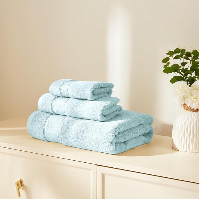 Marvione Bath Towels Set 6 Piece, 100% Turkish Cotton Highly Absorbent and Soft Towels for Bathroom 2 Bath Towels 2 Hand Towels 2 Washcloths, Light Blue