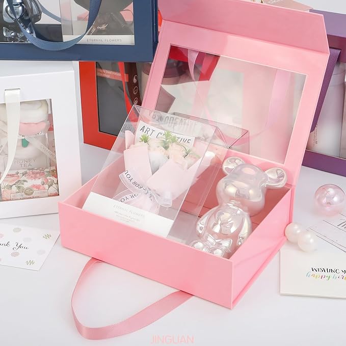 5 Pink Gift Boxes with Windows, Clear Magnetic Gift Boxes for Presents, Bridesmaid Proposal Boxes (11x8x3.2 Inches)