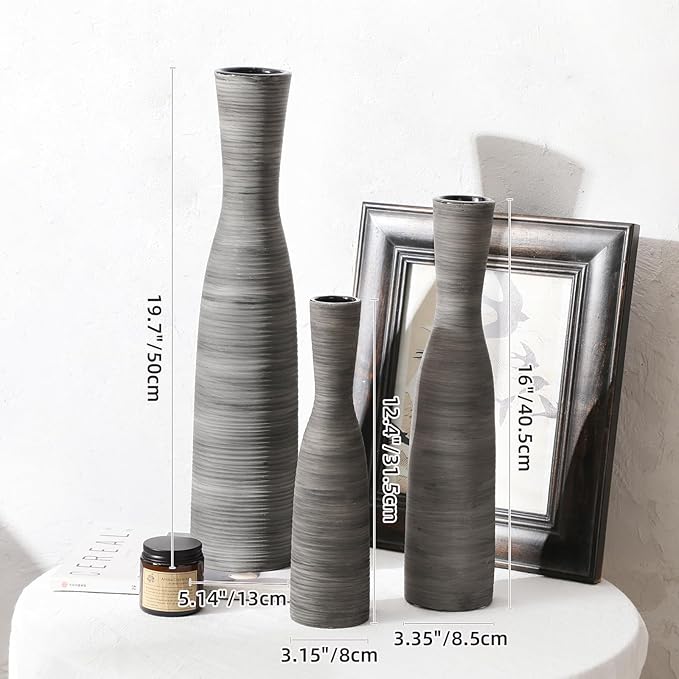 ALMA Black Skinny Tall Vase for Floor, 16'' Boho Gray Vase for Pampas Grass Dried Flower Bouquet, Decoratived Ceramic Rustic Vases for Home Decor, Living Room Floor, Mantel Decoration