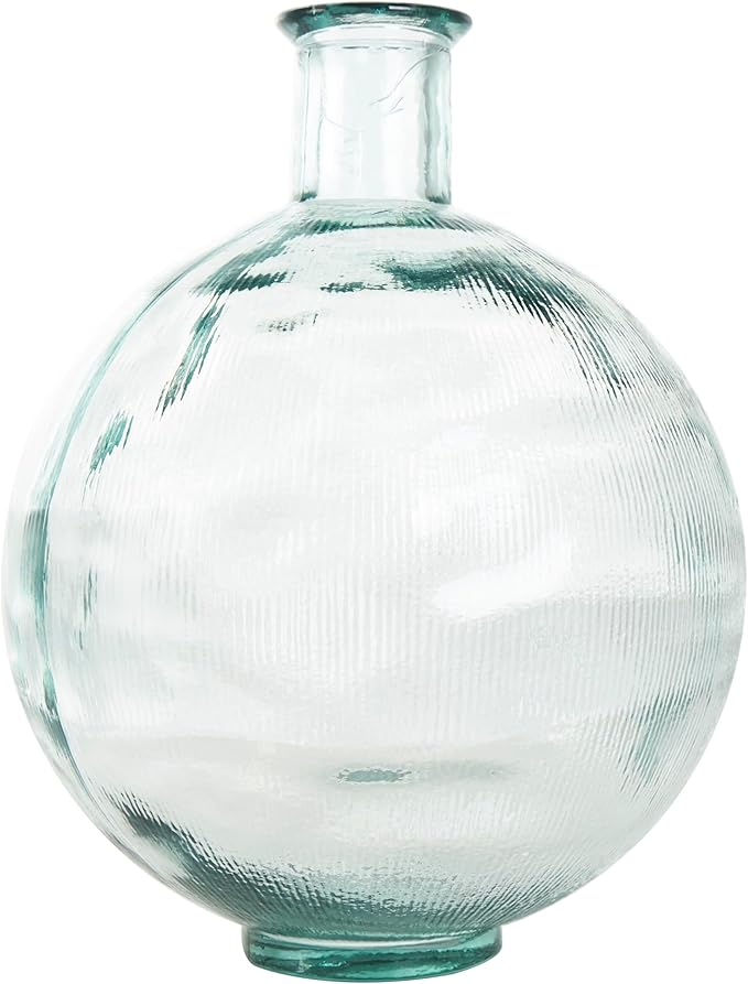 Deco 79 Recycled Glass Handmade Decorative Vase Ribbed Spanish Bottle Centerpiece Vase, Flower Vase for Home Decoration 13" x 13" x 17", Clear