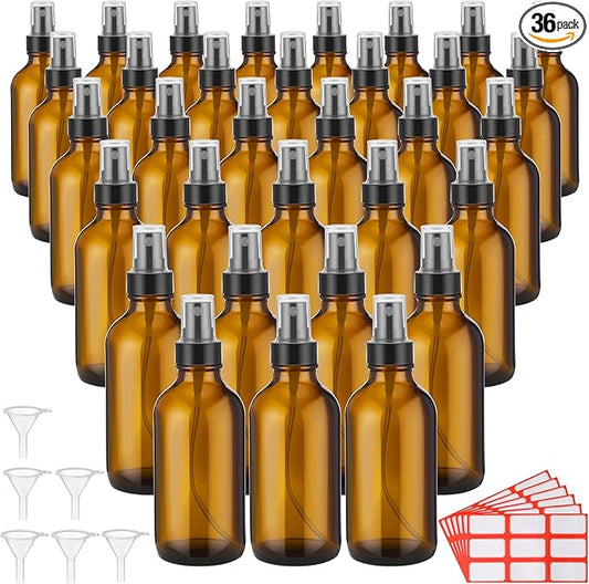 Fumete 36 Pcs Glass Spray Bottles 4oz Fine Mist Glass Spray Bottle Refillable Liquid Containers with 6 Labels 6 Funnel for Hair Travel Plants Cleaning Solutions Skin Care(Amber,Classic)