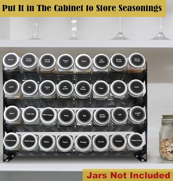 4 Tier Countertop Spice Rack Organizer for Kitchen Cabinet Pantry or Wall Mount, Matte Black (Jars Not Included)