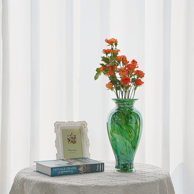 Hand Blown Green Classic Vase for Home Decor, 11.5Inch Glass Flower Vase for Shelf Decor, Living Room Decor, Centerpieces, Unique Gift for Her Mom Sister Friends