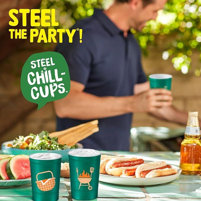 16 oz. Party Cup Summer BBQ Grill Picnic Design for Cold Drinks, Sturdy, Durable, Disposable, Recyclable, Made in USA, Green 12 Count