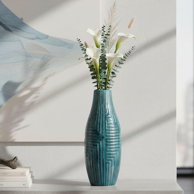 hjn Teal Ceramic Vase for Home Decor, Modern Decor Vases for Living Room/Bookshelf/Mantel/Accents - Teal texture-Medium-13.8" H