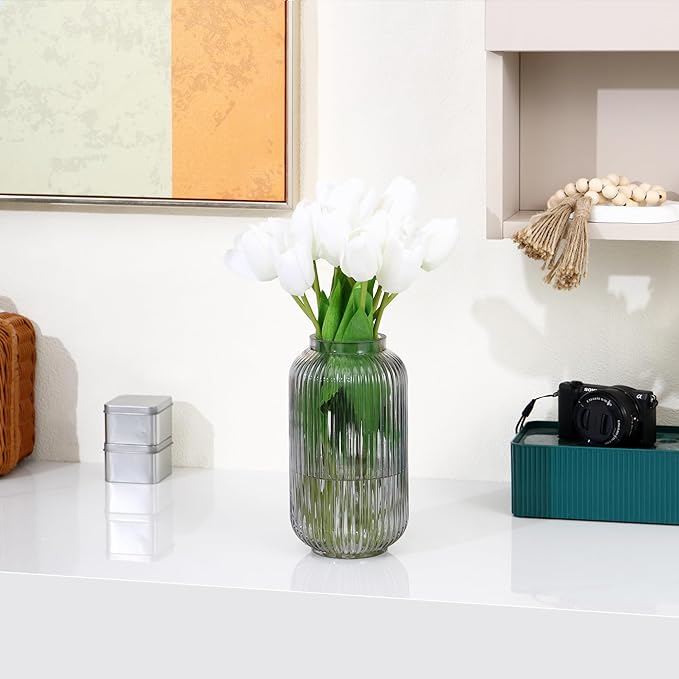 Ribbed Glass Vase, Black Flower Vase for Bouquet, Glass Vases for Flowers, Modern Vases for Living Room, Bedroom, Kitchen, Dining Table, Office, Wedding, 8.6 Inches