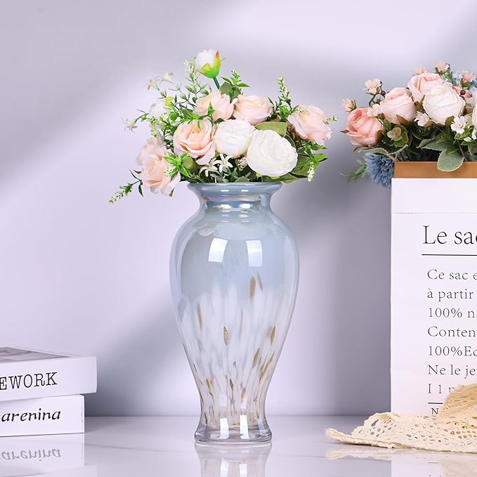 Hand Blown Glass Vase 11.8" Tall Beautiful Blue White Sea Wide Mouth Bud Vase for Table Centerpiece, Painted Colorful Murano Glass Flower Vases for - Home Entrance Wedding Center