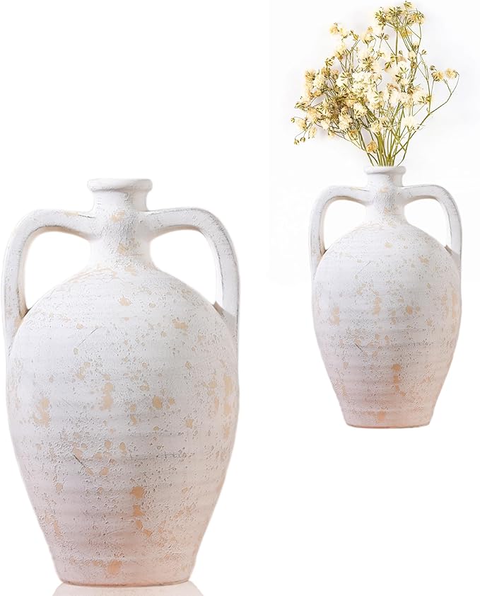 UPWOIGH Ceramic Flower Vase, 13.8 inch Tall Off-White Farmhouse Rustic Vase, Handcrafted Weathered Handles Pottery Vases, Large Flower Terracotta Vases for Home Decor, Living Room, Table, Shelf