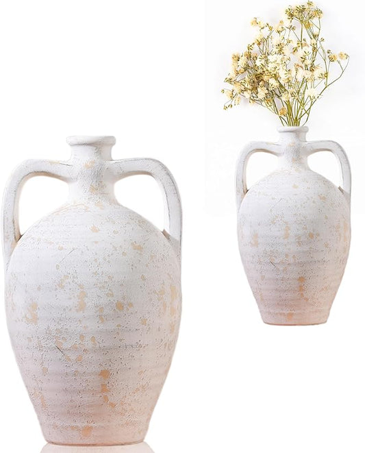 UPWOIGH Ceramic Flower Vase, 13.8 inch Tall Off-White Farmhouse Rustic Vase, Handcrafted Weathered Handles Pottery Vases, Large Flower Terracotta Vases for Home Decor, Living Room, Table, Shelf