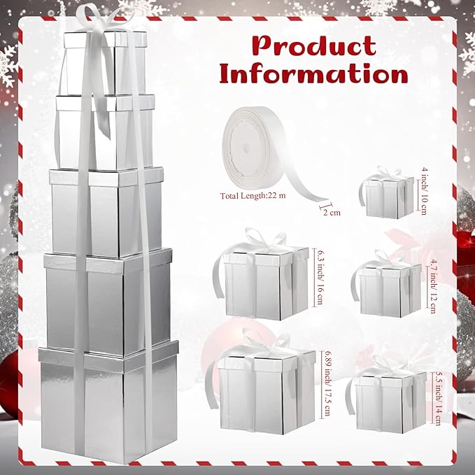 Cholemy 5 Pcs Square Nesting Boxes Decorative Gift Boxes with Lid and Ribbon Assorted Sizes Wrap for Wedding, Thanksgiving, Christmas, Anniversary, Birthday, Bridal Party(Silver)