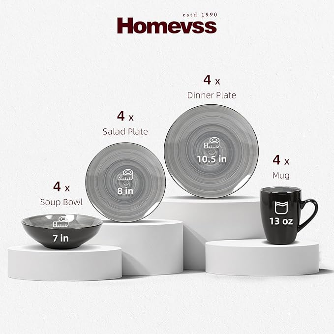 Sonoma Stoneware Dinnerware Set, Outside Black + Inside Hand Painting Color (16pc Set, Grey)