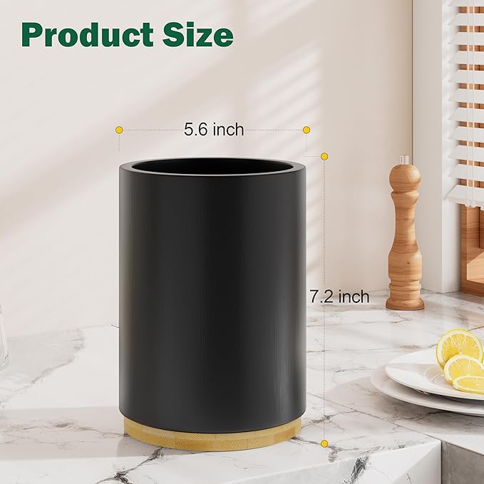 Black Utensil Holder Wood Kitchen Utensil Holder for Countertop, 360°Rotating Cooking Utensil Crock for Counter, 7.2" Large Utensil Organizer for Spatula Kitchen Decor