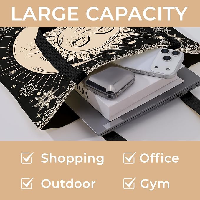 Cute Aesthetic Canvas Tote Bag for Women, Reusable Foldable Shopping Cotton Shoulder Totebag with Zipper Pocket