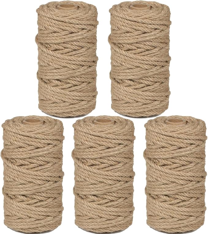 5Pcs 4mm Natural Jute Twine Rope 600 Feet Twisted Heavy Duty Thick Twine for Cat Scratching Post Tree Craft Projects Garden Home Decoration Packing Bundling (Brown-120Feet/Roll)