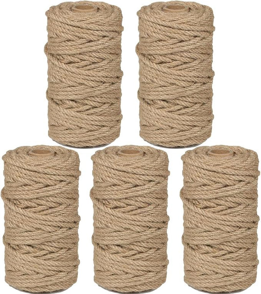 5Pcs 4mm Natural Jute Twine Rope 600 Feet Twisted Heavy Duty Thick Twine for Cat Scratching Post Tree Craft Projects Garden Home Decoration Packing Bundling (Brown-120Feet/Roll)