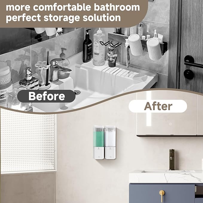 Shower Soap Dispenser Wall Mounted Shower Dispenser 2 Chamber No Drill Shampoo and Conditioner Dispenser Refillable Shampoo Dispener for Shower 2 * 500ml for Bathroom Hotel (Cream White 2 Chamber)