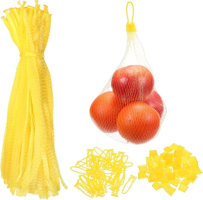 uxcell 100 Pcs Reusable Mesh Produce Bags, 35cm/14 Inch Washable Net Storage Bags Reusable Grocery Reusable Storage Bags with Plastic Buckle for Fresh Fruit Vegetables Seafood, Yellow
