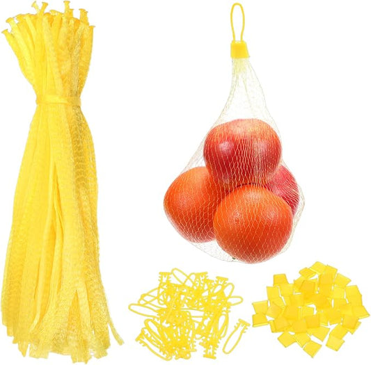 uxcell 100 Pcs Reusable Mesh Produce Bags, 35cm/14 Inch Washable Net Storage Bags Reusable Grocery Reusable Storage Bags with Plastic Buckle for Fresh Fruit Vegetables Seafood, Yellow