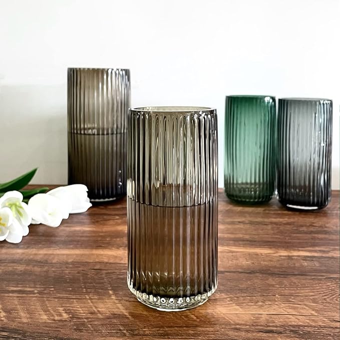 BUICCE Hand Blown Glass Flower Vase for Farmhouse Decor,Round Vintage Foding Bottles for Kitchen Dining Table Cafe Home Shelf Wedding Centerpiece. Amber