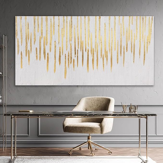 YJYart Gold Wall Decor Abstract Wall Art for Living Room White Canvas Pictures Artwork for Gallery Hotel 24"x48"