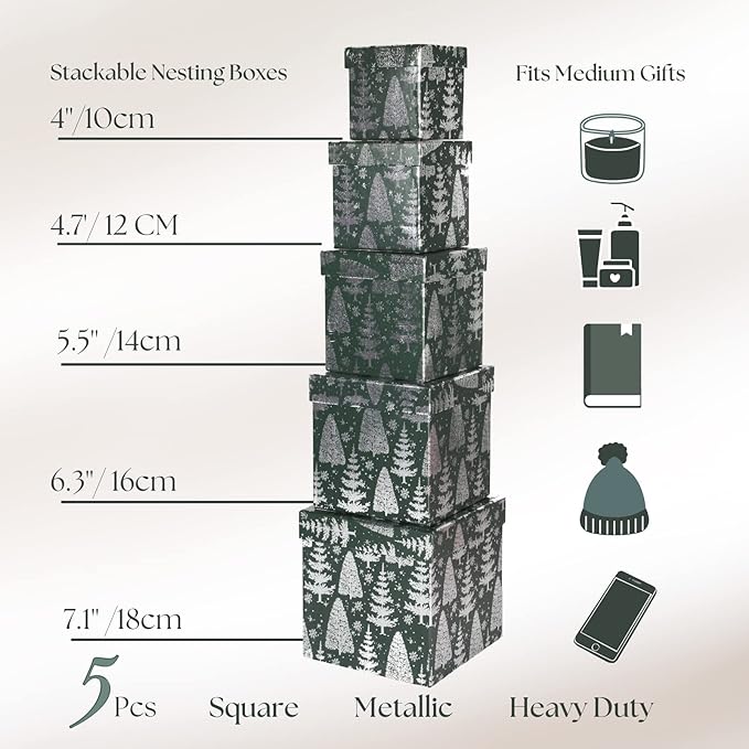 UNIQOOO 5Pcs Green Christmas Gift Box Set with Lid, Assorted Size, Square Silver Xmas Tree Nested Paper Keepsake Boxes, Card Box Tower Organizer Decor, Holiday, Thanksgiving, Party Gift Wrap Packaging