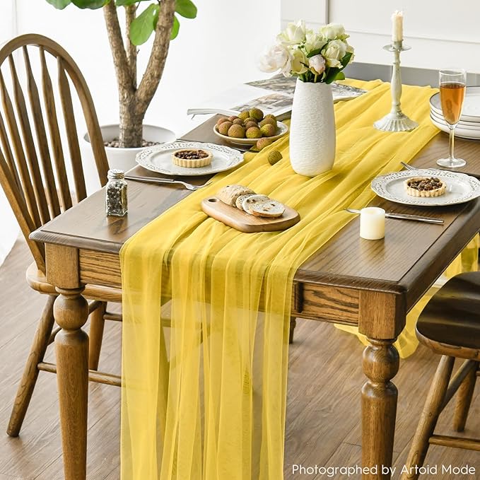 Artoid Mode Yellow Gauze Table Runner 120 Inch 10FT, Seasonal Sheer Kitchen Dining Holiday Wedding Birthday Baby Shower Table Decor for Home Party