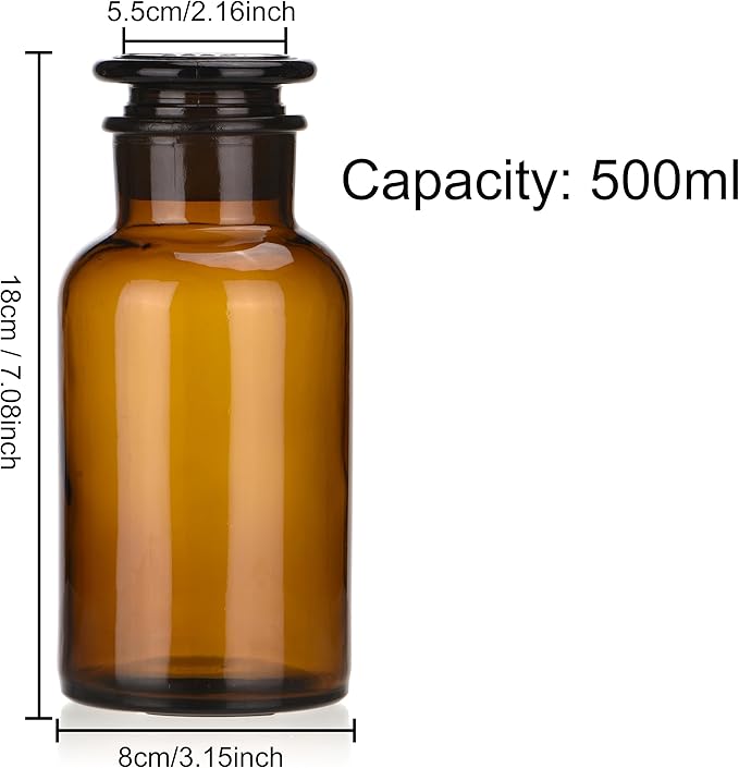 Lab Glass Reagent Bottle,Wide Mouth Glass Storage Bottle with Ground Stopper,Decorative Bottles/Vase (Amber, 500ML)