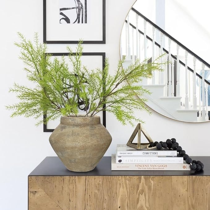 Briful Large Rustic Ceramic Vase with Distressed Finish, 8.2'' Tall Wide-Belly Decorative Flower Vases with Felt Pads, Retro Style Pottery for Home Decor, Table Centerpiece, Yellow Brown