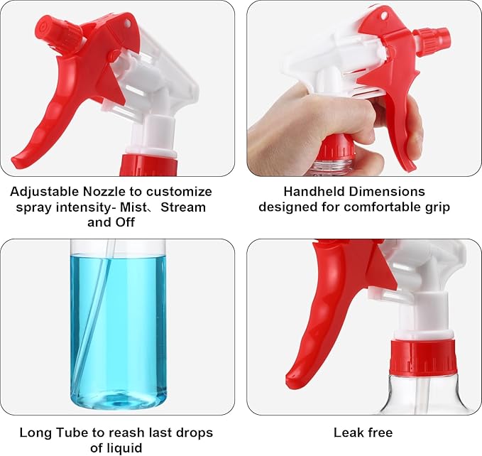 Eccliy 12 Pcs 16 Oz Plastic Spray Bottle, Adjustable Empty Reusable Sprayer for Cleaning, Planting, Water, Bathroom and Kitchen, BBQ, Commercial and Residential(Red,Clear)