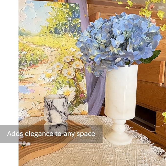 White Vase 100% Marble for Home Centerpiece for Dining Table, 10 inch Flower Vase or Desk Décor for Bouquet and Pampas Grass, French Boho Style