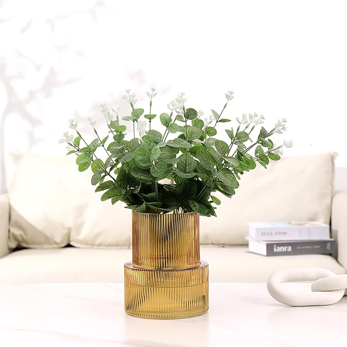 Amber Glass Vase, Ribbed Glass Vase for Tulips, Flower Vases for Bouquet, Amber Modern Vases for Living Room, Dining Table, Entryway, Mantle, Shelf, Wedding, Office, 7.5 Inches