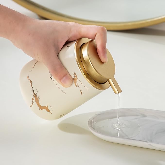 Enra Ceramic Gold Soap Dispenser, 12 oz Modern Liquid Hand Soap Dispenser for Bathroom Kitchen with Easy-to-Press(Glod Liquid Type-Beige)