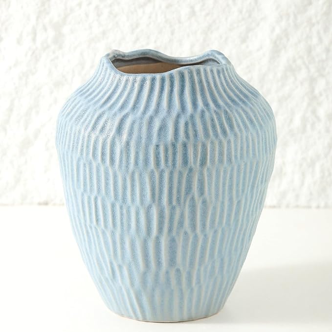Ceramic Vase for Home Decor,7.8 Inch Flower Vases，Decorative Blue Vase for Pampas Grass，Modern Art Texture Vases for Home Entryway Living Room Dining Table Farmhouse Office Decor-Mat Blue