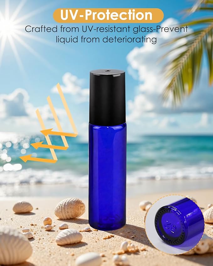 12 Pack Essential Oil Roller Bottles, 10ml Refillable Glass Roller Bottles with Stainless Steel Roller Balls and Caps for Travel, Perfume and Lip Gloss Blue