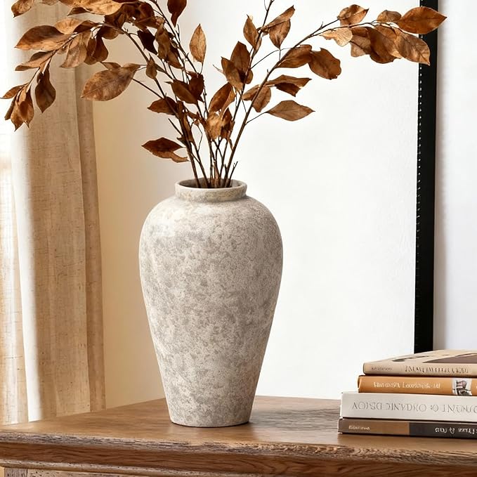 Ceramic Flower Vase Home Decor - 9.2 inch Large Farmhouse Table Vases, Rustic Decorative Vases for Kitchen Living Room Coffee Dining ShelfMantel Decoration