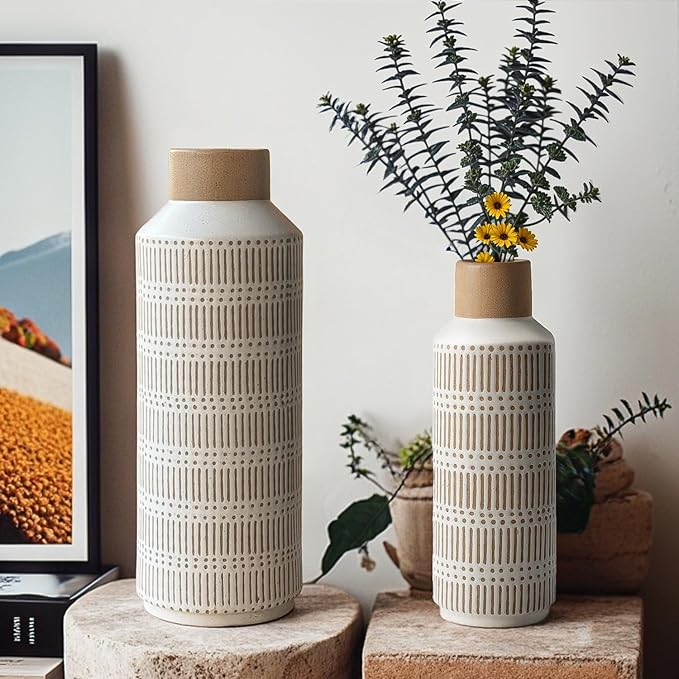 Rustic Ceramic Vase Set of 2 for Living Room Bedroom 15.75'' and 11.02'' Farmhouse Flower Bouquet Vases for Fake Plant Home Decor Office Fireplace Centerpieces Retro Vintage Modern Gift