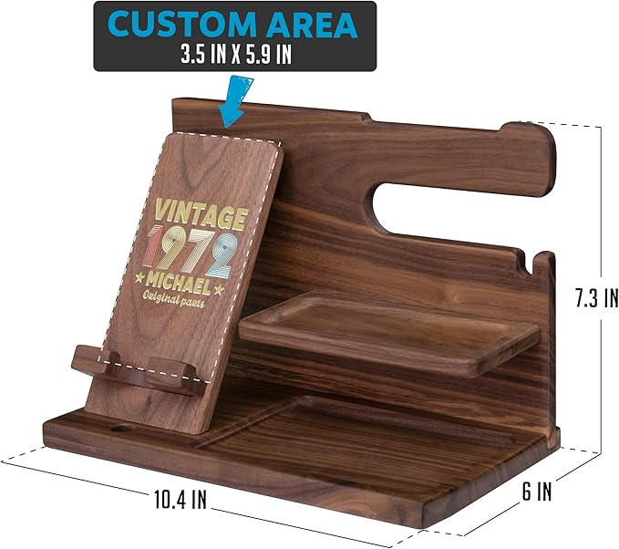 Phone Docking Station for Men's Birthday - Handmade Unique Nightstand Organizer for His Accessories - Personalized Gift Ideas for Dad, Grandpa, Husband, Boyfriend on Fathers Day, Anniversary Day