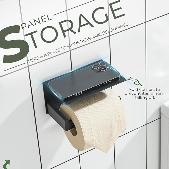 KOKOSIRI Black Toilet Paper Holders with Shelf Bathroom Toilet Paper Roll Holder Matte Black Stainless Steel Wall Mounted, 2 Pack, B2010BK-P2