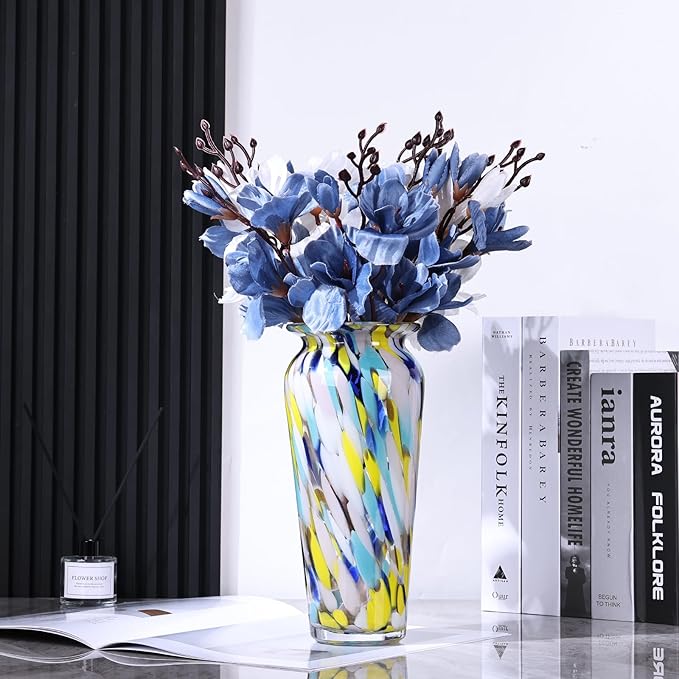 Blown Glass Colorful vase, Colorful Home Decorations, Modern Art Wide Mouth vase for Living Room Dining Coffee Table entryway TV Cabinet Bedside Table Centerpiece.