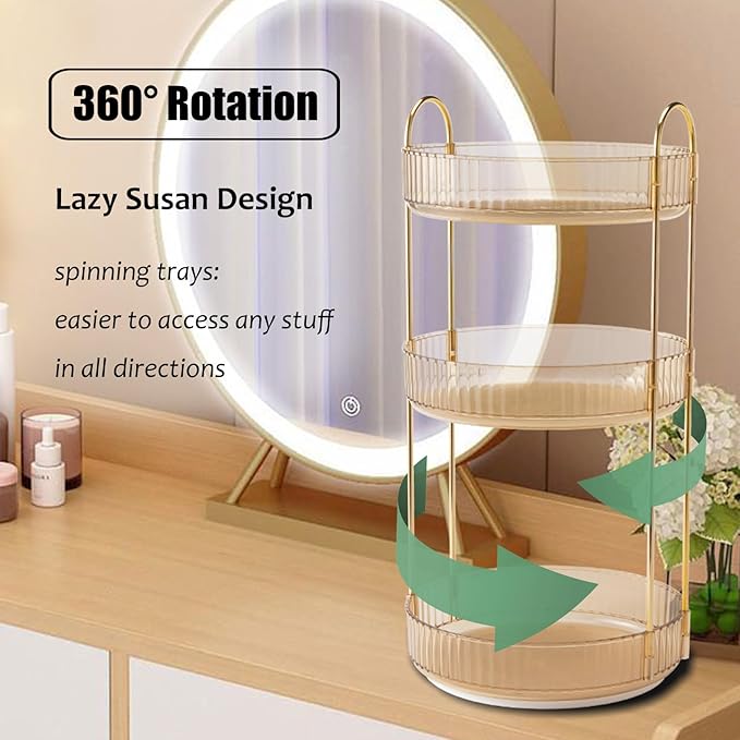 Rotating Makeup Organizer Countertop 3 Tier Lazy Susan Trays Clear Skincare Perfume Storage for Bathroom Counter Vanity, Amber Gold