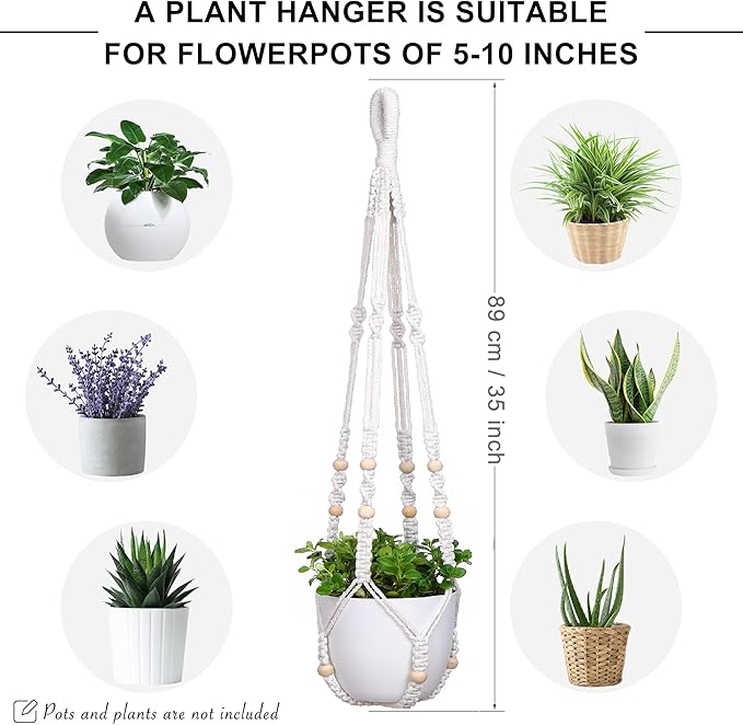 YIBOT Macrame Plant Hanger Indoor Outdoor, Up to 4-15 inch Pot, Heavy 20lb Planters, Extra Long Strong Hanging Planter Basket, Boho Home Decor, 35 Inch, Ivory, Set of 2 (POTS NOT Included)