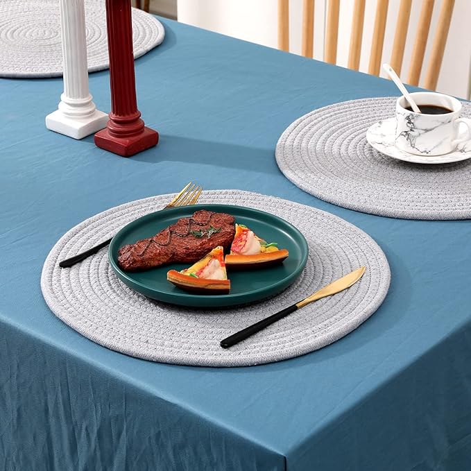 4 Pack Woven Placemats, 13.8 inches Round Plate Chargers Grey Thick Placemat Set Cotton Rope Braided Tablemats Rattan Mats Rustic Weave Placemats for Table Decoration