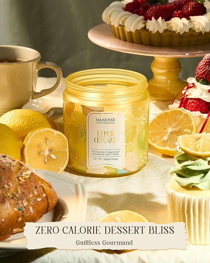 M&SENSE Lemon Vanilla Cupcake Scented Candle, 11.6oz Natural Soy Wax, 70 Hours Long Lasting Clean Burn, Citrus Vanilla Scents for Kitchen Freshness, Holiday Gifts for Women Men, Warm Home Decor