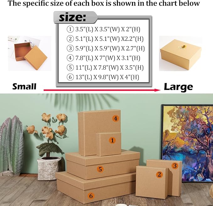 Giftilious Gift Boxes with Lids for Presents, Set of 6 Empty Gift Boxes, Natural and Rustic Kraft Gift Wrap Boxes, Versatile Gift Box for Christmas,Birthday, Anniversaries, Weddings and Any Occasion