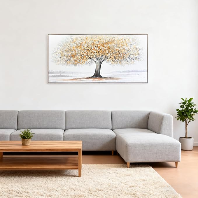 White Tree of Life Canvas Wall Art, Modern Abstract Textured Painting, Large Framed Panoramic Landscape Artwork for Living Room, Bedroom, Office, Home Decor 40"x20"