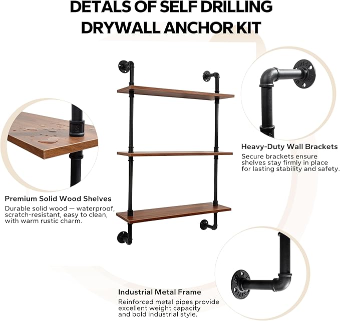 3-Tier Industrial Pipe Floating Shelf – Rustic 24 inch Wood Wall-Mounted Storage Shelf for Kitchen Office,Bathroom & Home Decor -Walnut