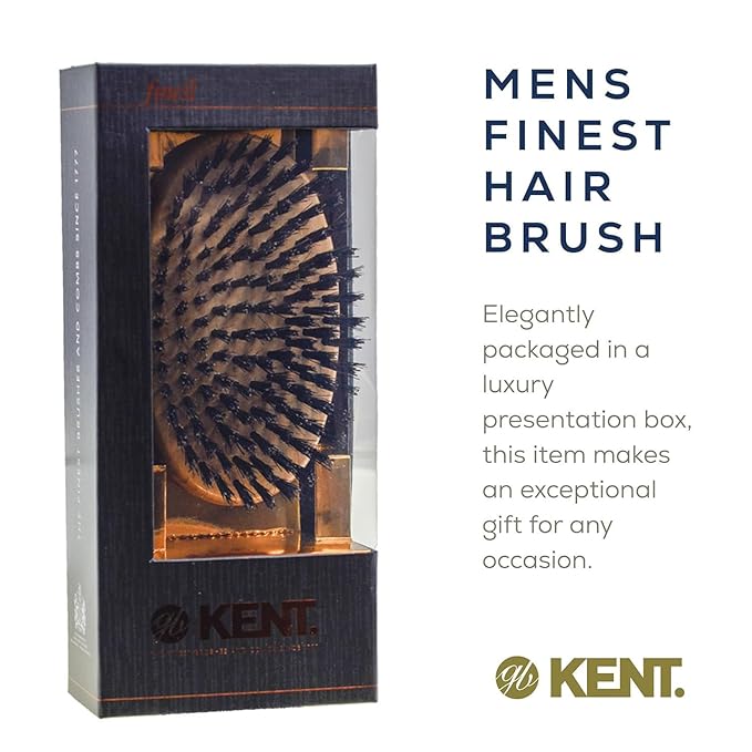 Kent MG2 Boar Bristle Hair Brush for Men, Military Brush with Natural Boar Bristles for Mens Grooming for All Hair Types, 360 Wave Brush Travel side for beard and mustache